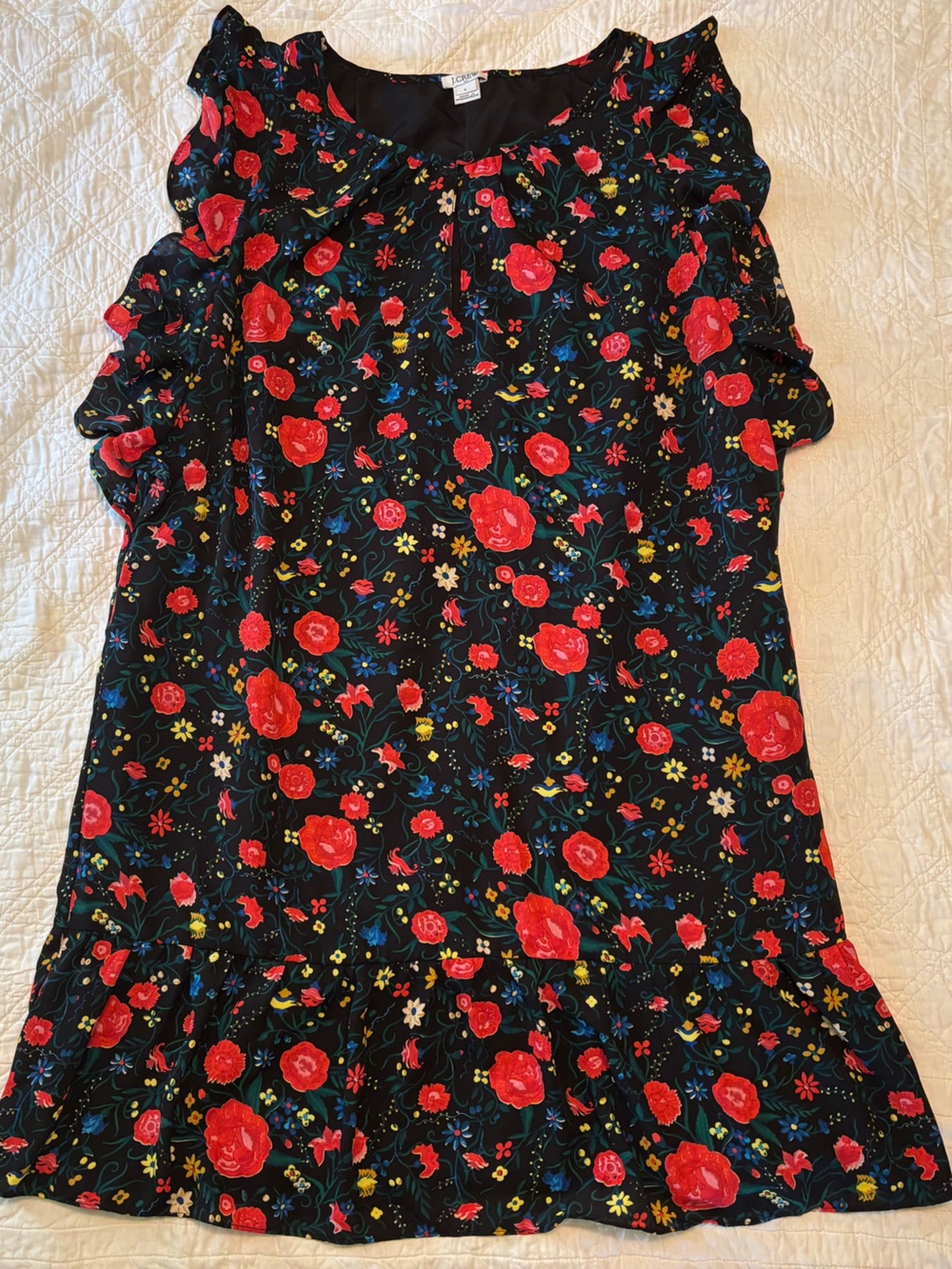 J. Crew Black Floral Ruffle Sleeve Dress with Red Roses